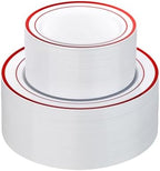 Goodluck 200 Pack Red Rim Plastic Plates - 100 Dinner Plates (10.25") & 100 Dessert Plates (7.5") - Heavy Duty Disposable White Plates with Elegant Red Trim - Premium Dinnerware Set for Wedding by GoodLuck