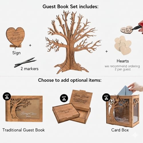 Wedding Guest Book Tree Alternative for Reception, Personalised Wooden Family Sign Tree with Hearts - Image 3