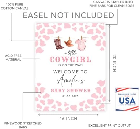 Andaz Press A Little Cowgirl Baby Shower Decorations, Personalized Little Cowboy Baby Shower Sign Custom Western Baby Shower Sign In Guest Book Alternative Pink 16"x20" Canvas Welcome Baby Shower Sign - Image 2