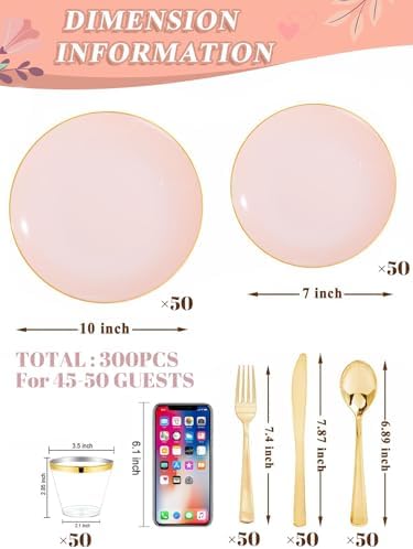 WDF 300Pcs Pink Plates Disposable - Pink and Gold Plastic Dinnerware Set for 50 Guests Include 50 Dinner & Cake Plates & 50 Disposable Cutlery & 50 9oz Cups for Wedding/Baby Shower/Birthday - Image 2
