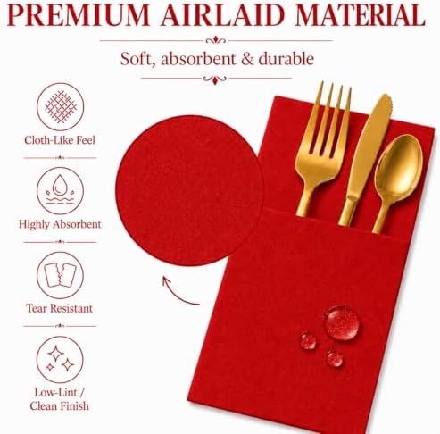 100 Pcs Red Napkins Disposable Linen Feel Dinner Paper Napkins with Built-in Flatware Pocket, 16inch x 16inch Airlaid Paper Pre-Folded Napkins for Silverware Baby Shower Easter Wedding Birthday Party - Image 5