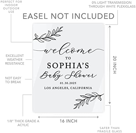 Andaz Press 16"X20" White Personalized Acrylic Baby Shower Welcome Sign, Gender Neutral Large Custom Welcome Baby Shower Sign For Easel Stand, Rustic Laurel Leaves Acrylic Baby Shower Sign - Image 5