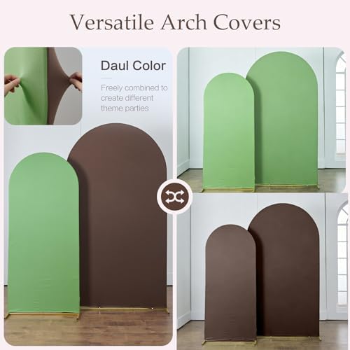 Brown Sage Green Arch Backdrop Cover Set of 2-7.2ft 6ft Dual Color Wedding Arch Covers-Wrinkle Free Stretchy Spandex Fitted Chiara Arch Stand Cover for Jungle Birthday Party Baby Shower Photography - Image 2