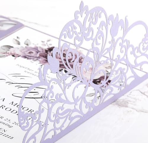 50pcs Laser Cut Wedding Invitations with Envelopes and Rsvp Cards Purple - Image 6