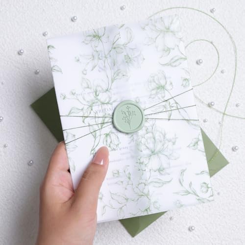 UNIQOOO 50 Pack Pre-Folded Graceful Green Bloom Vellum Jackets&UNIQOOO Wax Seal Stickers - Baby‘s Breath - Image 2