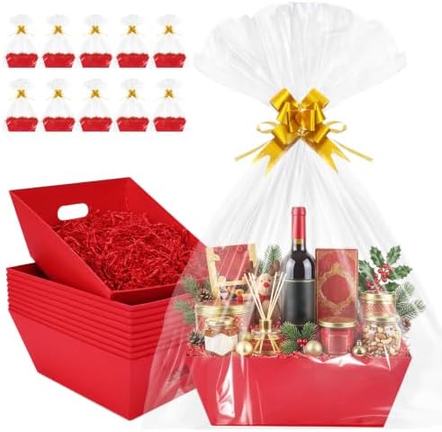 EVELOMO 10 Pack Empty Gift Baskets to Fill - 10" x 8" Large Baskets for Gifts Empty, Sturdy DIY Gifts Baskets Sets with 500g Crinkle Cut Papers for Birthdays Weddings Parties and Holidays (Red) by EVELOMO