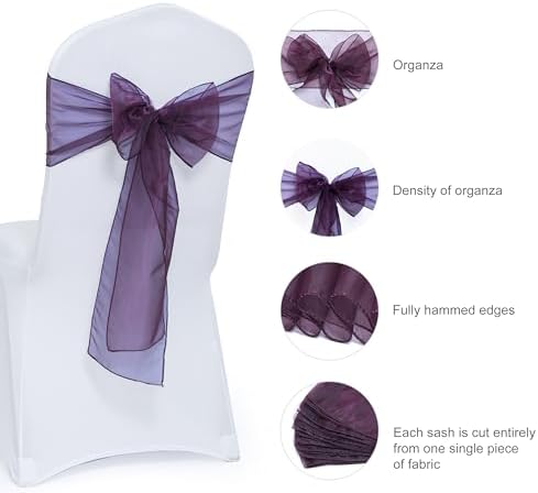 MDS Pack of 150 Organza Chair Sashes for Wedding & Event Décor – Plum - Image 6