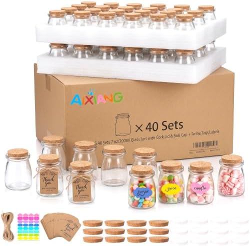 AIXIANG 40 Pack 7 oz Glass Favor Jars with Cork Lid and Seal Cap with Twine Labels for Wedding,Baby Shower,Party Favors,Gift Jar,Yogurt,Candy, Spices,Decorative Jars by AIXIANG