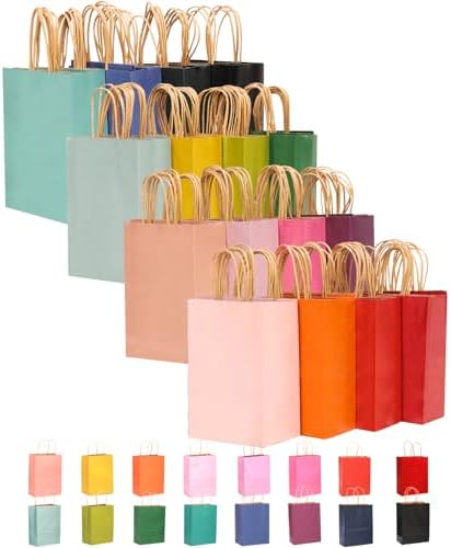 qiqee 100-Packs Paper Bags with Handles Bulk 8.26"×6"×3.15" Small Gift Bags 16 Different Senior Color Bags Multiple Uses（Small Size） by Qiqee