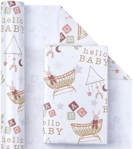 WRAPAHOLIC Jumbo Baby Shower Wrapping Paper - 30 Inch x 100 Feet Jumbo Roll - Hello Baby and Rabbit in Bassinet Design for Neutral Baby Shower, Boys Girls Kids Birthday - Image 2