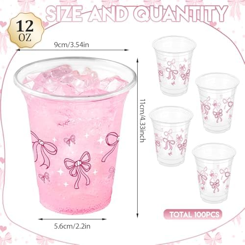 100 Pcs Pink Bow Plastic Cups, 12 oz Cute Bow Drinking Cups Pink Bow Clear Disposable Plastic Cups for Bridal Shower Wedding Birthday Party Supplies - Image 2