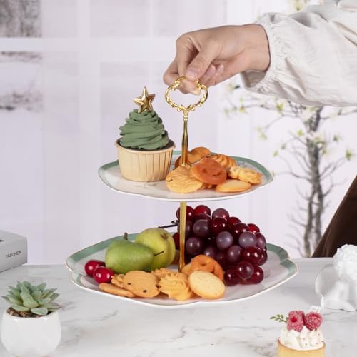 KAMMAK 2-Tier Porcelain Cupcake Stand Serving Tray, Dessert Plates Cake Fruit Candy Display Tower, Reusable Pastry Platter for Wedding Birthday Baby Shower Tea Party Decorations (Reed Green) - Image 4