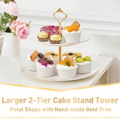 DUJUST Luxury Larger 2-Tier Cupcake Stand Tower, British Style Porcelain Serving Tray with Golden Trim, Food Grade Dessert Display Stand for Tea Party & Home Décor - 40% Larger Plates - Image 2