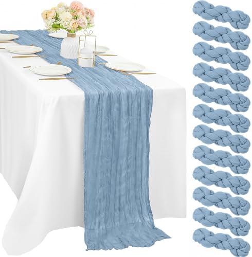 12 Pcs Dusty Blue Cheesecloth Table Runner 10FT Runner for Tables 35 x 120 Inches Long Gauze Boho Fabric Table Runner Decoration Rustic Sheer Runner for Wedding Birthday Baby Shower Party (Dusty Blue) by Sunnyline