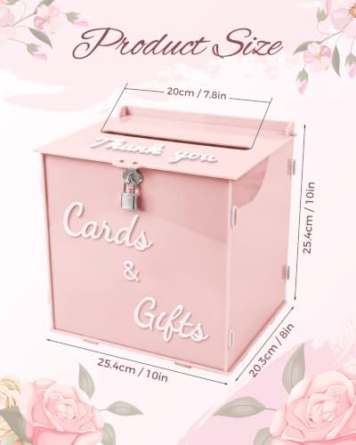 Dusty Rose Acrylic Wedding Card Box with Lock, 10" Card Holder with Slot - Image 2