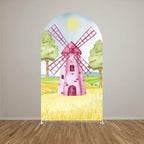 Pink Windmill Arch Backdrop Covers 7.2x4ft(HxW) for Barn Farm Birthday Party Decorations Double-Sided Chiara Arched Stand Fabric Cover Kids Baby Shower Parties Tablecloth Props - Image 2