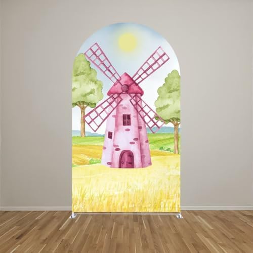 Pink Windmill Arch Backdrop Covers 6x2.6ft(HxW) for Barn Farm Birthday Party Decorations Double-Sided Chiara Arched Stand Fabric Cover Kids Baby Shower Parties Tablecloth Props - Image 2