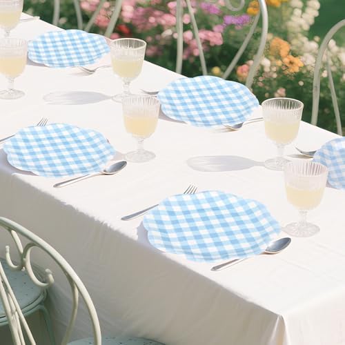 400 Pcs Gingham Party Supplies for 50 Guests Blue and White Scalloped Paper Plates and Napkins Knives Spoons Forks Cups Disposable Checkered Dinner Party Set for BBQ Baby Shower Wedding - Image 6