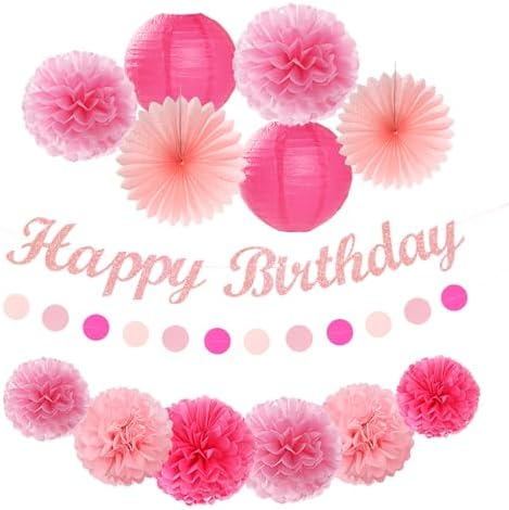Light-Hot Pink Party-Decorations Paper-Flowers Lanterns - 29pcs Happy Banner Girl Birthday Decor Tissue Pom Poms Streamers, Bridal Baby Shower Wedding Bachelorette Valentine Hanging Supplies Hugfond - Image 4