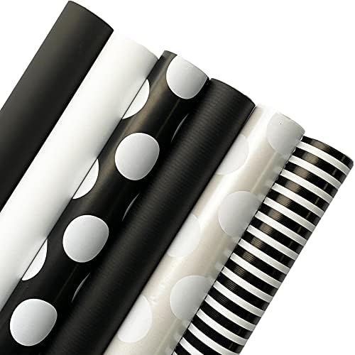 Jillson & Roberts All Occasion Reversible & Cut Lined Wrapping Paper Roll Bundle - Black and White Stripes and Dots (12.5 sq ft per roll, 75 Total Sq Ft) for Birthdays, Weddings, Graduations, Valentine's Day, Anniversaries, Christmas, 6 Pack by JillsonRoberts