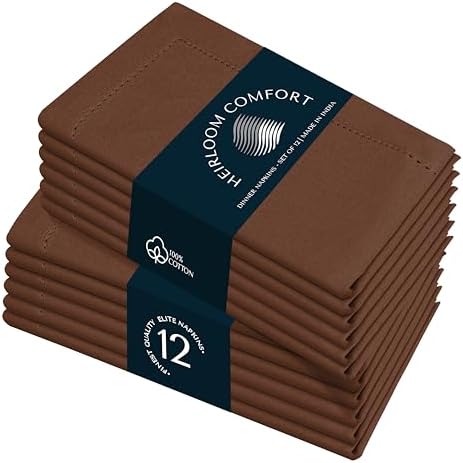 Brown Cloth Dinner Napkins 18x18 Inch - 12 Pack - Soft, Absorbent, Durable, Reusable, Washable - 100% Cotton with Hemstitch Mitered Edges - Ideal for Farmhouse Décor, Fall, Weddings by HEIRLOOMCOMFORT