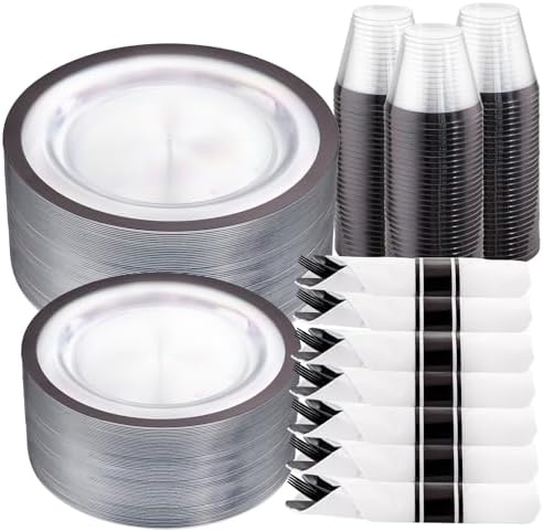 I00000 210 Pcs Clear and Black Plastic Plates, Disposable Dinnerware Set by I00000