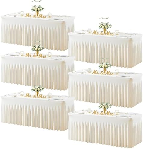 Ivory Table Cloth for 8 Foot Rectangle Tables Fitted Stretch Spandex Table Cover with Skirt 8ft Baby Shower Birthday Party Banquet Ruffle Cream Tablecloth Wedding Table Cloths Desk Skirt, 6 Pack by LittleFunny