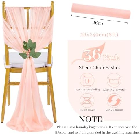 QueenDream Blush Chair Sashes Wedding: 36 Pieces Long Sheer Wedding Aisle Chair Decorations Tulle ChairCovers with Artificial Eucalyptus - Image 3