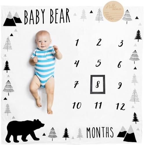 Pondering Pine Organic Baby Monthly Milestone Blanket Boy - Baby Bear Blanket with Month Marker Frame and Newborn Announcement Disc - 1-12 Months Milestones, Woodland, 47”x47” by PonderingPine