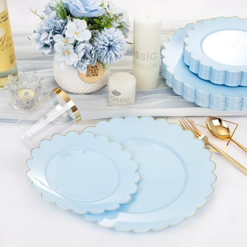 LIYH 210 Pcs Light Blue Plastic Dinnerware Set - Baby Blue Plastic Plates Napkins with Gold Foil Include Bridal Shower Plates Disposable Gold Silverware Napkins Cups for Birthday 30 Guests - Image 4