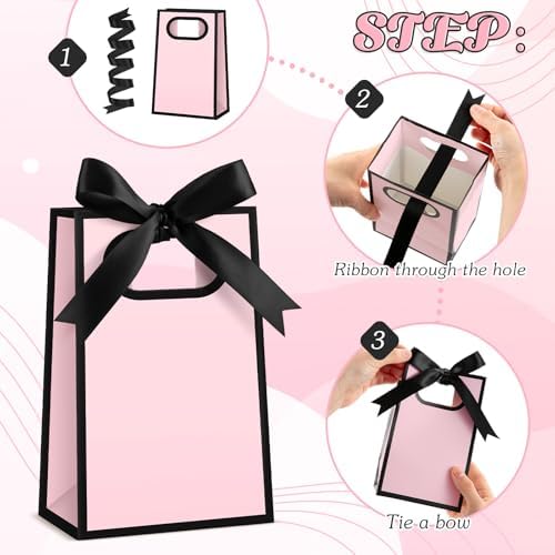 AmazingSpark 50 Pcs Pink Black Mini Gift Bags Bulk 6.3 x 3.9 x 2.8 Inch Party Favors Elegant Small Gift Bags with Handles and Ribbon Bows for Wedding Birthday Bridal Baby Shower Party Favors - Image 6