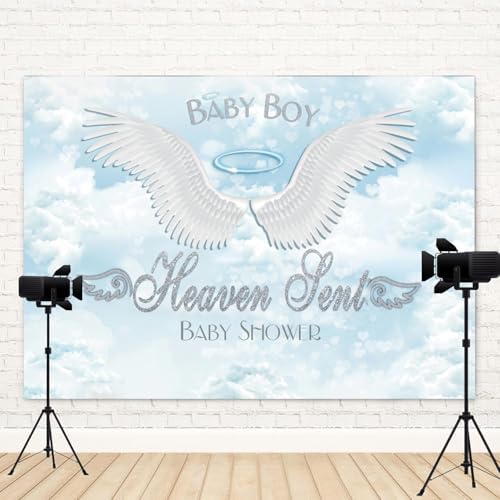 15x10ft Baby Shower Backdrop Baby Boy Heaven Sent Photography Background Angel Wings Blue Sky White Clouds Paradise Prince Boys Party Banner Decorations Newborn Gender Reveal Photo Booth Prop - Image 4