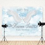 15x8ft Baby Shower Backdrop Baby Boy Heaven Sent Photography Background Angel Wings Blue Sky White Clouds Paradise Prince Boys Party Banner Decorations Newborn Gender Reveal Photo Booth Prop - Image 4