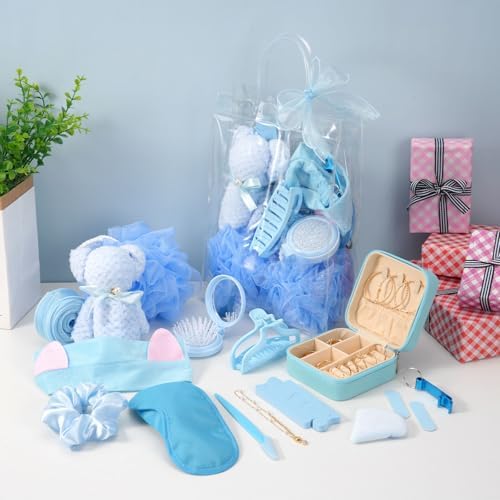 98 PCS Baby Shower Prizes for Game Winners, Pink Spa Party Favors Gifts with Sleep Masks Jewelry Box Scrunchies Claw Clips Powder Puff Gift Bags and Thank You Cards for Guests Bridal Shower (Blue) - Image 6