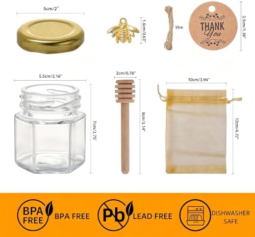 R DRURLCD 30 Pack 3 oz Small Hexagonal Mini Glass Honey Jars in Bulk with Wooden Dipper Bee Charms Thank You Cards Jutes for Baby Shower Wedding Birthdays Party Favors Gifts - Image 4