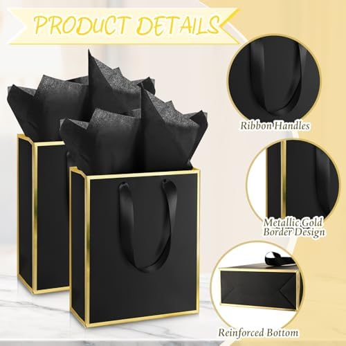 Yeaqee 50 Pcs Metallic Paepr Gift Bags Bulk with Handles,Black Gold - Image 3