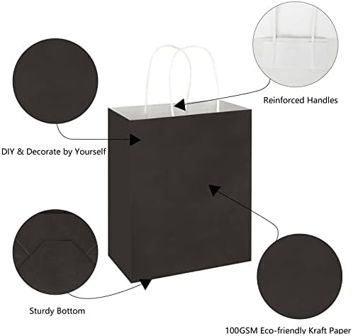 Toovip 100 Pack 8x4.75x10 Inch Medium Black Kraft Paper Bags with Handles Bulk, Gift Wrap Bags for Favor Grocery Retail Party Birthday Shopping Business Goody Craft Merchandise Take Out Sacks - Image 3