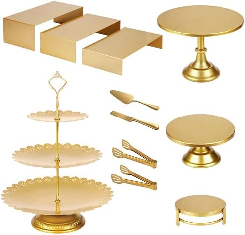 11 Pcs Gold Dessert Table Display Set, Metal Cake Stands and Tiered Serving Tray with Cake Servers and Tongs for Wedding Anniversary and Party Decor by Unknown