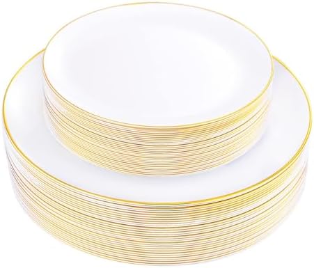 KIRE 60PCS Gold Plastic Plates - Heavy Duty White Disposable Plates with Gold Rim - Include 30Pieces 10.25inch Dinner Plate and 30Pcs 7.5inch Dessert Plate for Wedding/Spring/Graduation/Party by KIRE