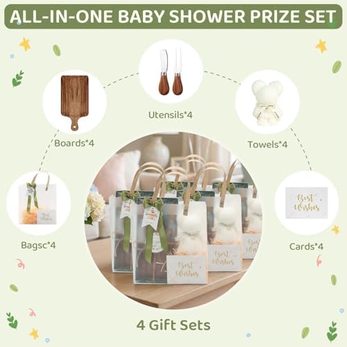 28Pcs Baby Shower Prizes for Game Winners 4 Sets Wooden Cheese Board Fork Butter Spreaders Towel Thank You Card and Gift Bags for Baby Shower Wedding Bridal Shower Favors Housewarming (Acacia, 4) - Image 2