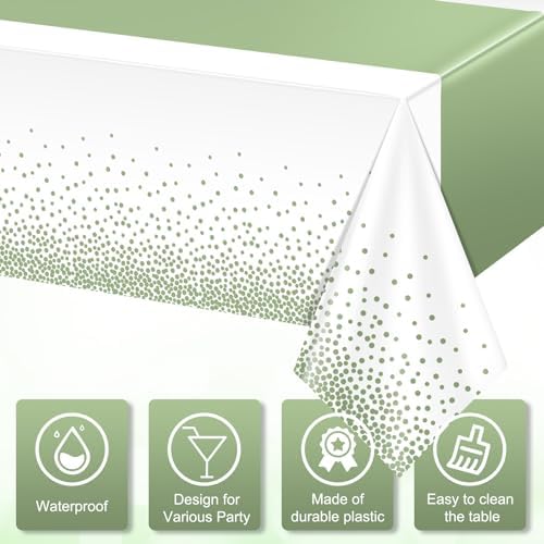 12Pcs White and Sage Green Tablecloth Decorations,Plastic White Table Cloth Printed Green Table Runner Disposable Rectangle Tables Cover for Birthday Wedding Anniversary Graduation Party,54 x108 Inch - Image 3