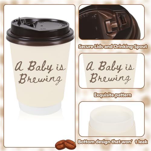 FYSUIMU 60 Sets Baby Shower Coffee Paper Cups with Lids Straws A Baby Is Brewing Disposable Cup Double-Wall Drinking Cups for Pregnancy Announcement Gender Reveal, 13.5oz - Image 3