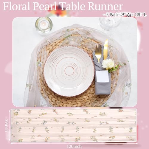 Lounsweer 3 Pcs Pink Wildflower Table Runner 10ft Embroidery Tulle - Image 6