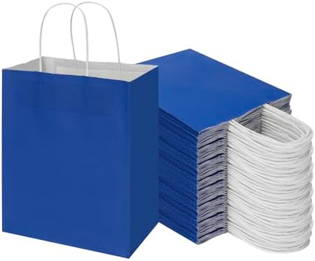 Toovip 100 Pack 8x4.75x10 Inch Medium Royal Blue Kraft Paper Bags with Handles Bulk, Gift Wrap Bags for Favor Grocery Retail Party Birthday Shopping Business Goody Craft Merchandise Take Out sacks by Toovip