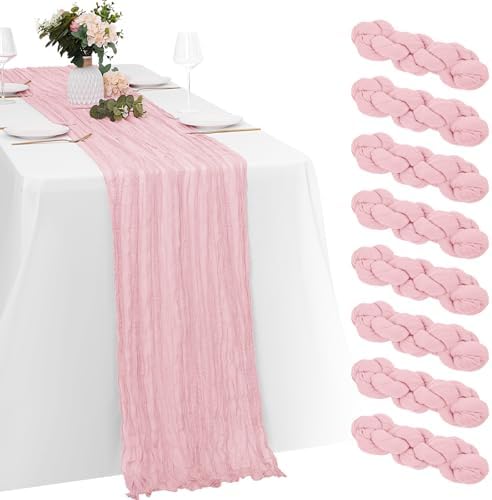 8 Pack Light Pink Cheesecloth Table Runners 20x120 Inch Gauze Table Runner Cheese Cloth 10FT Pink Table Runner Rustic Sheer Runner for Wedding Birthday Party Baby Shower Table Decor by Yorcari