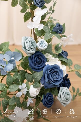 Ling's moment Welcome Sign Flowers, Wedding Floral Swag, Dusty Blue & Navy - Image 5