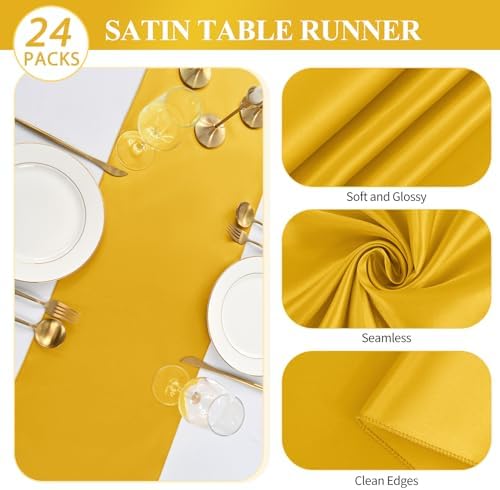 24 Pack Gold Satin Table Runners,12 x 108 Inch Long Table Runners for Rectangle Round Tables, Smooth Satin Table Runner for Wedding, Birthday Party Banquets Decoration - Image 3