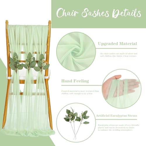 QueenDream Sage Green Chair Sashes: 16 Packs Wedding Aisle Decorations 8ft Long Draping Fabric Sheer Church Chair Cover Bulk for Party Banquet - Image 3