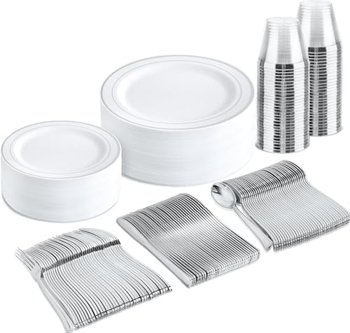 bUCLA 150-Piece Silver Disposable Dinnerware Set - White Plastic Plates with Silver Rim - Include 25 Dinner Plates, 25 Dessert Plates, 25 Forks, 25 Knives, 25 Spoons & 25 Cups for Party & Christmas by BUCLA