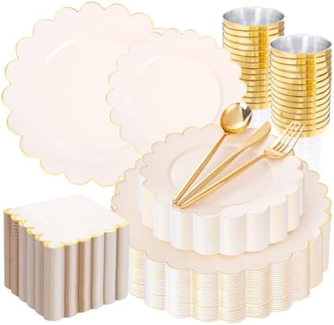 LIYH 210Pcs Ivory Scalloped Plastic Plates, Gold Rim Dinnerware Set Party by LIYHLoveinyourheart